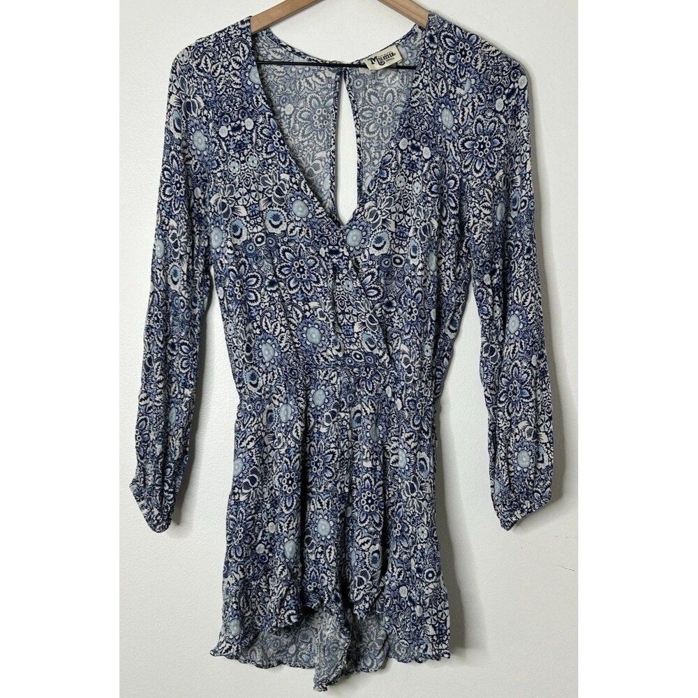 Show Me Your Mumu Romper Small Blue Floral Long Sleeve Ruffle Hem Shorts